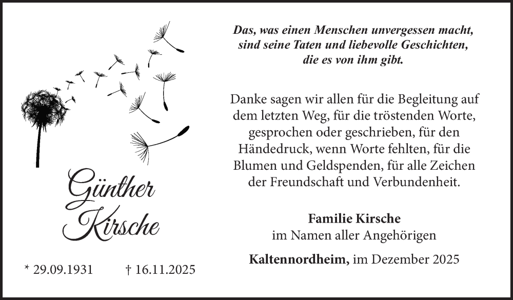  Traueranzeige für Günther Kirsche vom 12.12.2025 aus Südthüringer Presse