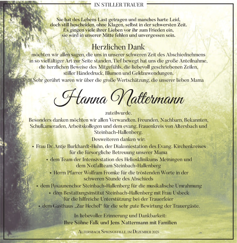  Traueranzeige für Hanna Nattermann vom 13.12.2025 aus Südthüringer Presse