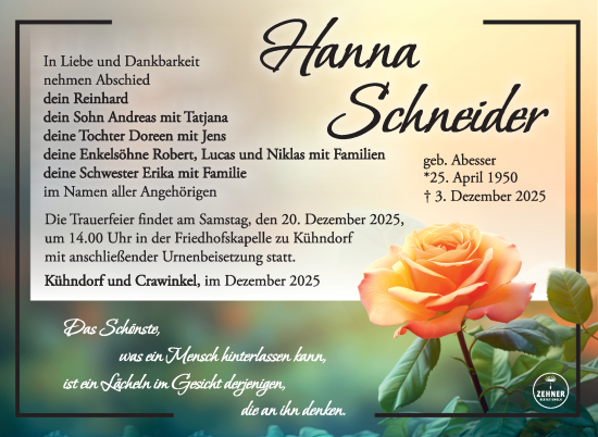 Traueranzeige von Hanna Schneider von Südthüringer Presse
