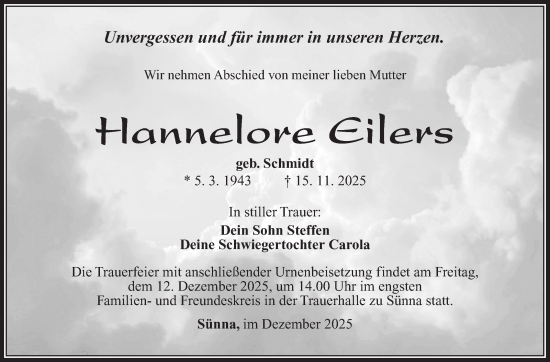 Traueranzeige von Hannelore Eilers von Südthüringer Presse