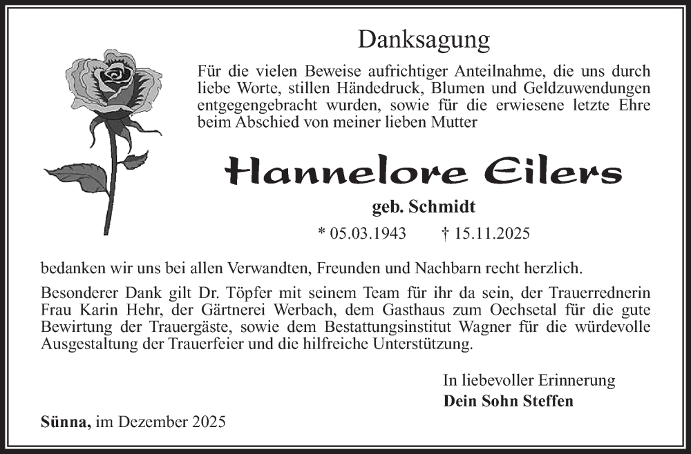  Traueranzeige für Hannelore Eilers vom 27.12.2025 aus Südthüringer Presse