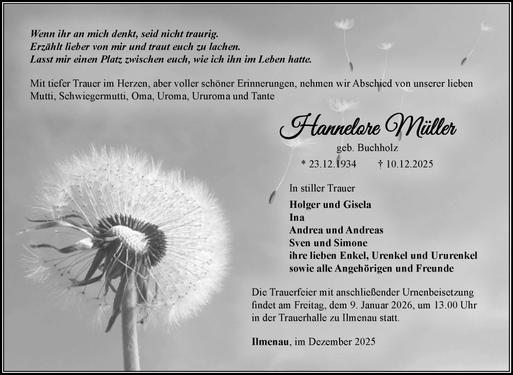  Traueranzeige für Hannelore Müller vom 27.12.2025 aus Südthüringer Presse