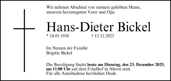 Traueranzeige von Hans-Dieter Bickel von Neue Presse Coburg
