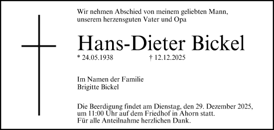 Traueranzeige von Hans-Dieter Bickel von Neue Presse Coburg