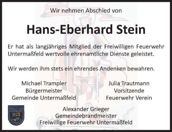 Traueranzeige von Hans-Eberhard Stein von Südthüringer Presse