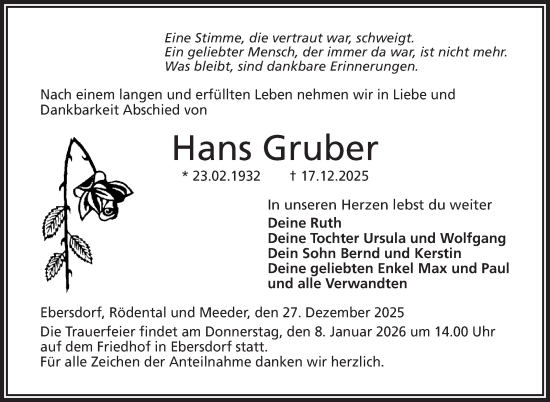 Traueranzeige von Hans Gruber von Neue Presse Coburg