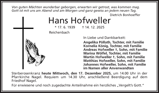 Traueranzeige von Hans Hofweller von Frankenpost