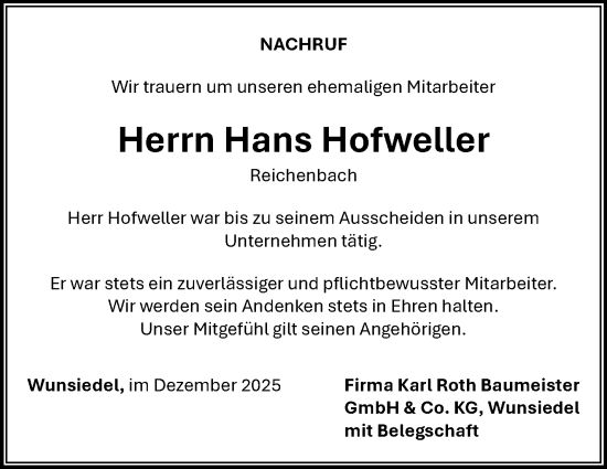 Traueranzeige von Hans Hofweller von Frankenpost