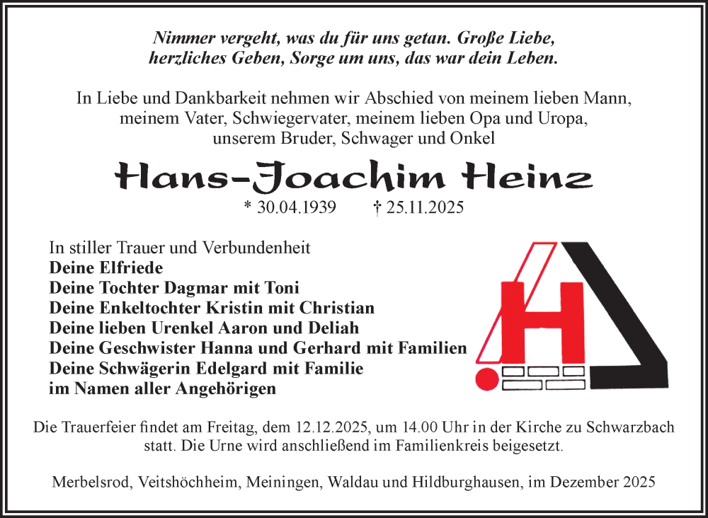  Traueranzeige für Hans-Joachim Heinz vom 06.12.2025 aus Südthüringer Presse