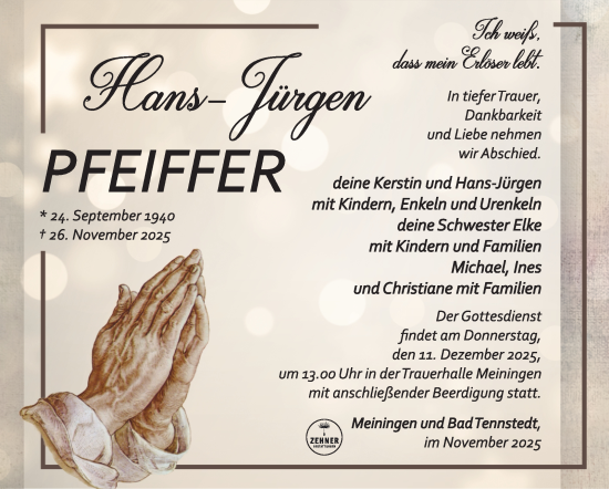 Traueranzeige von Hans-Jürgen Pfeiffer von Südthüringer Presse