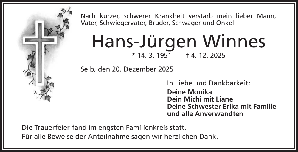  Traueranzeige für Hans-Jürgen Winnes vom 20.12.2025 aus Frankenpost