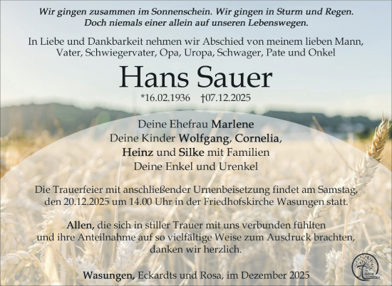 Traueranzeige von Hans Sauer von Südthüringer Presse