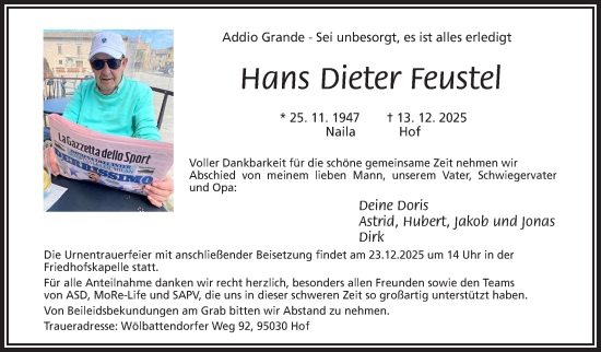 Traueranzeige von Hans Dieter Feustel von Frankenpost