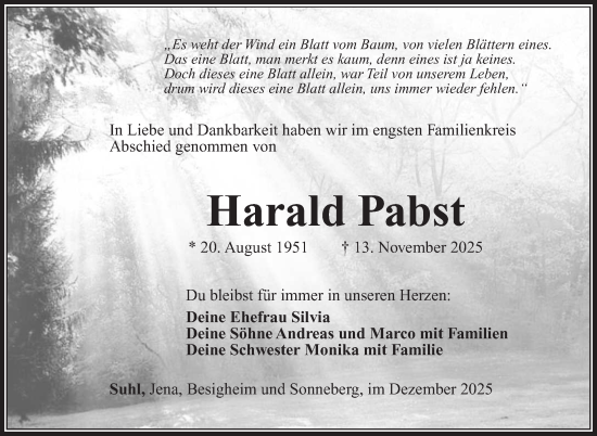 Traueranzeige von Harald Pabst von Südthüringer Presse