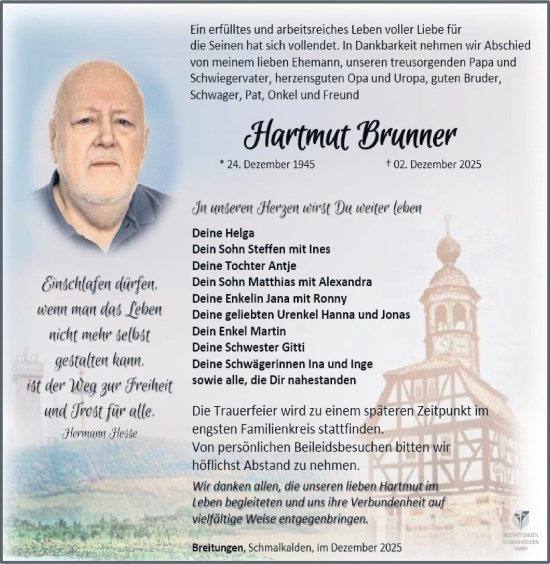 Traueranzeige von Hartmut Brunner von Südthüringer Presse