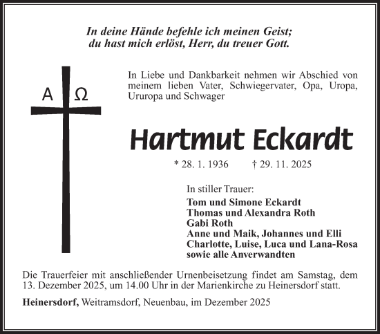 Traueranzeige von Hartmut Eckardt von Südthüringer Presse
