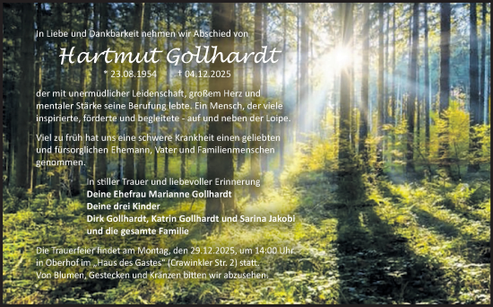 Traueranzeige von Hartmut Gollhardt von Südthüringer Presse
