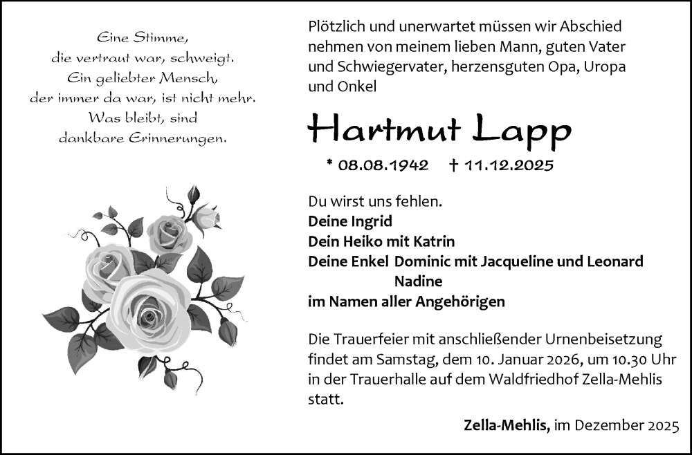  Traueranzeige für Hartmut Lapp vom 27.12.2025 aus Südthüringer Presse
