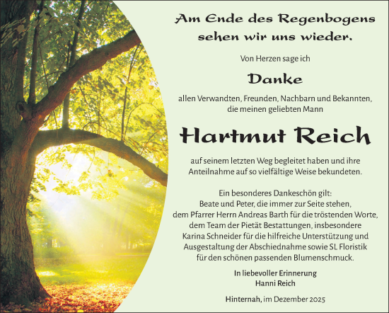 Traueranzeige von Hartmut Reich von Südthüringer Presse