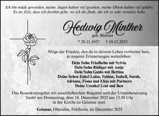Traueranzeige von Hedwig Minther von Südthüringer Presse