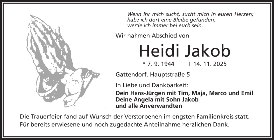 Traueranzeige von Heidi Jakob von Frankenpost