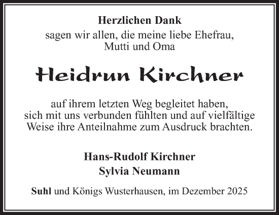 Traueranzeige von Heidrun Kirchner von Südthüringer Presse