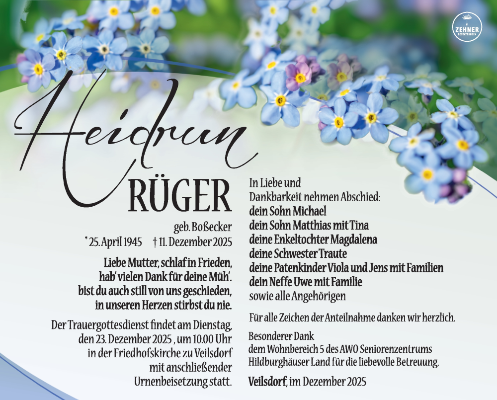  Traueranzeige für Heidrun Rüger vom 20.12.2025 aus Südthüringer Presse