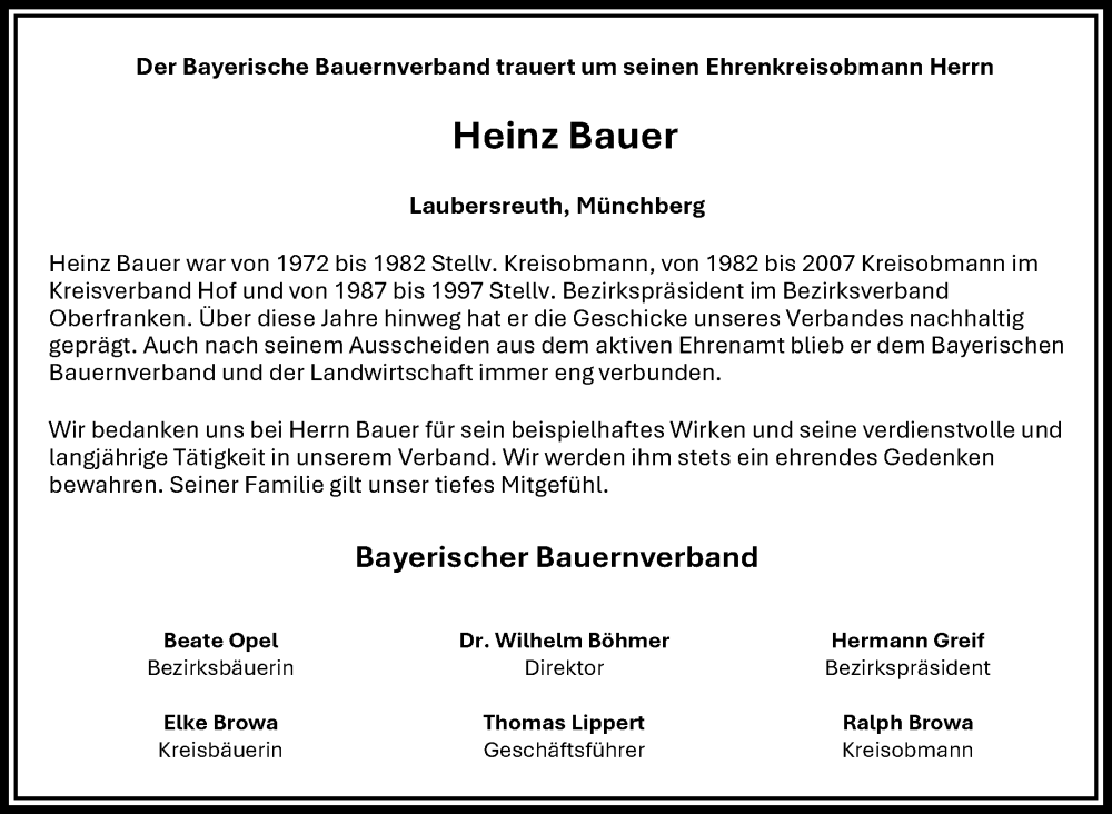  Traueranzeige für Heinz Bauer vom 30.12.2025 aus Frankenpost