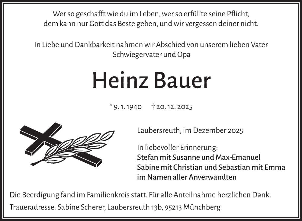  Traueranzeige für Heinz Bauer vom 30.12.2025 aus Frankenpost