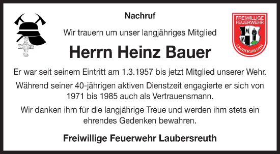 Traueranzeige von Heinz Bauer von Frankenpost