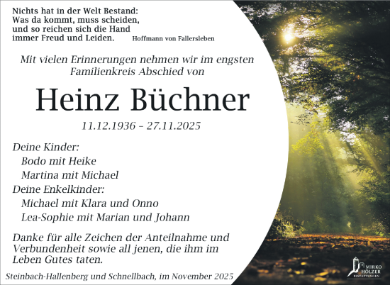 Traueranzeige von Heinz Büchner von Südthüringer Presse
