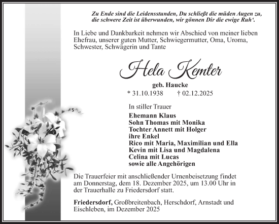 Traueranzeige von Hela Kemter von Südthüringer Presse
