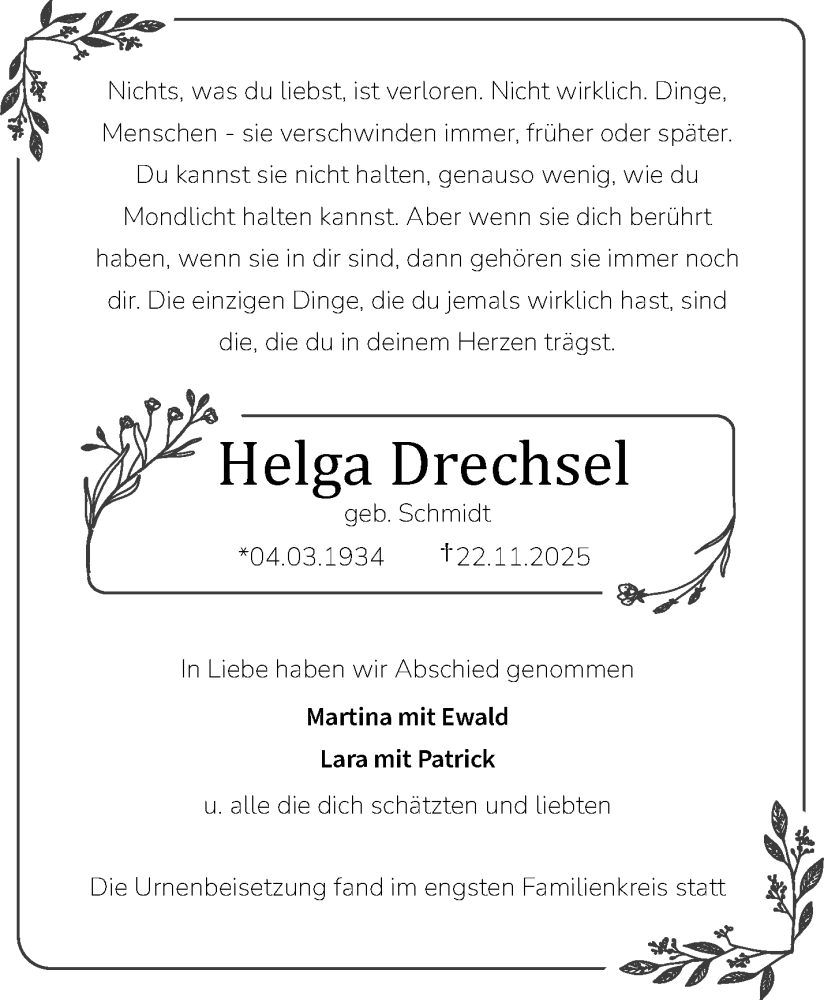  Traueranzeige für Helga Drechsel vom 20.12.2025 aus Frankenpost