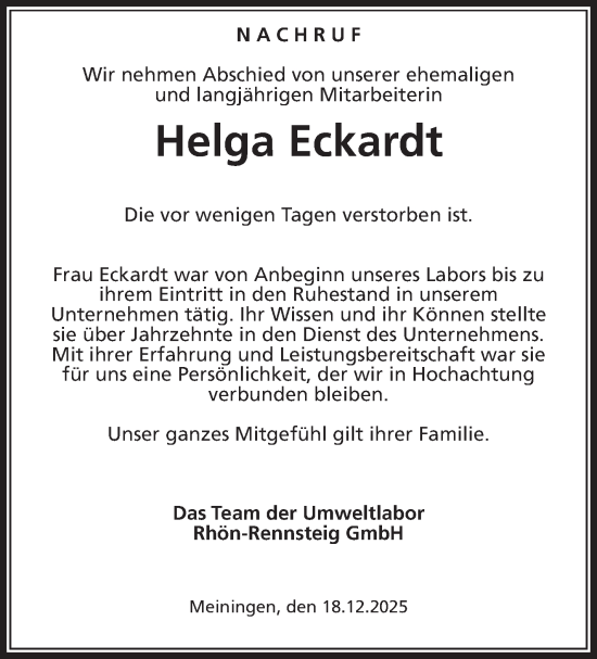 Traueranzeige von Helga Eckardt von Südthüringer Presse