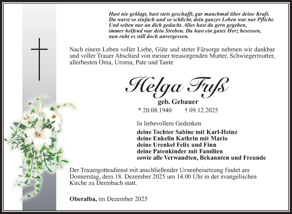  Traueranzeige für Helga Fuß vom 12.12.2025 aus Südthüringer Presse