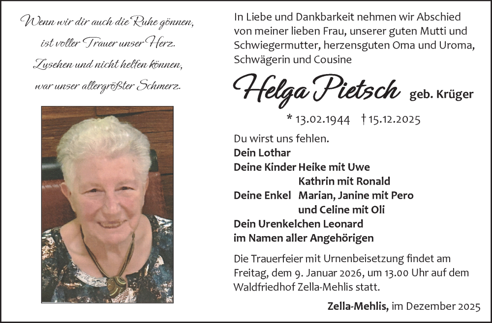  Traueranzeige für Helga Pietsch vom 27.12.2025 aus Südthüringer Presse