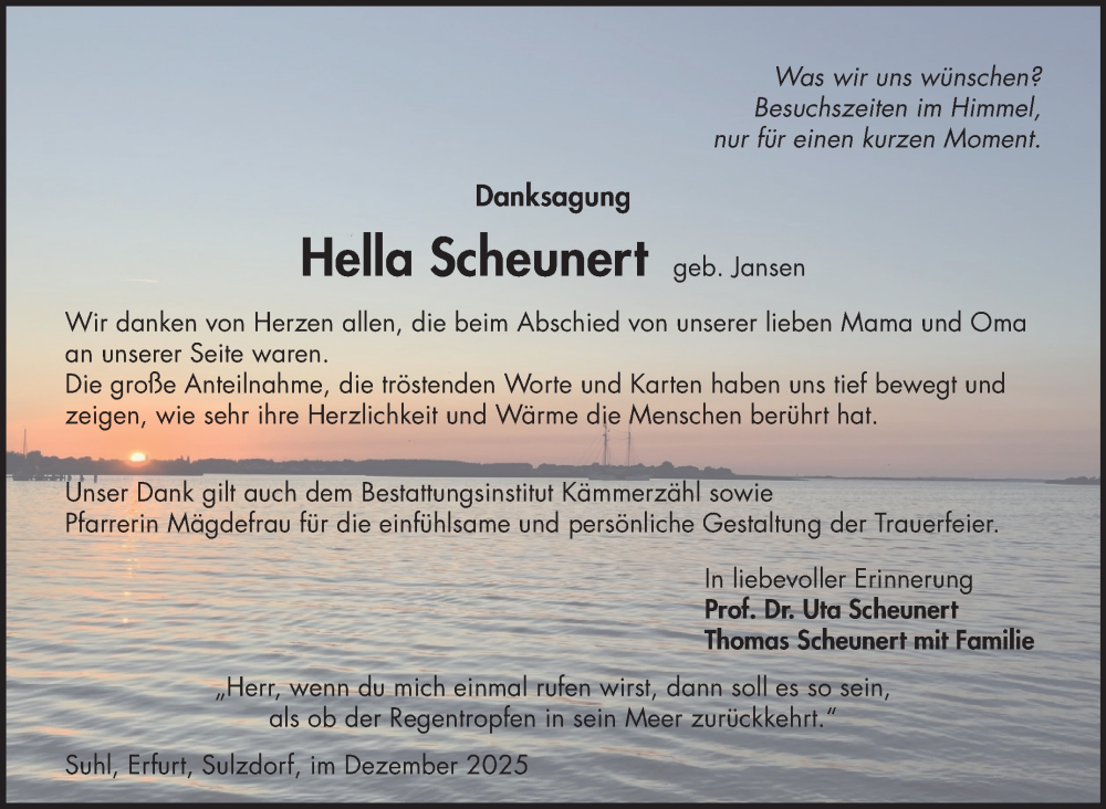  Traueranzeige für Hella Scheunert vom 13.12.2025 aus Südthüringer Presse