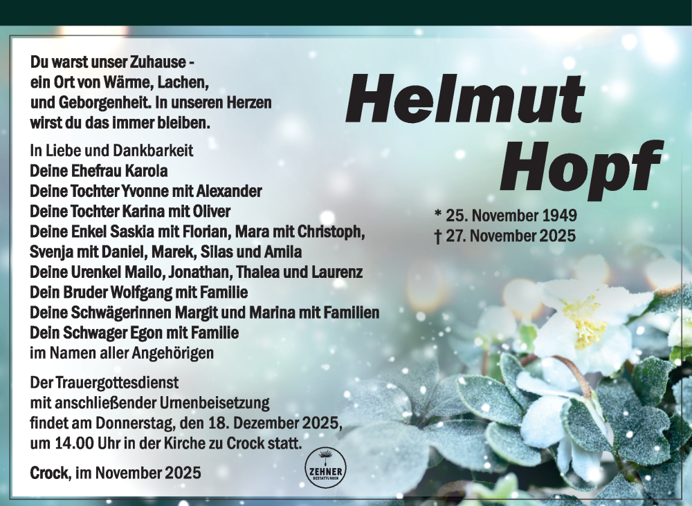  Traueranzeige für Helmut Hopf vom 06.12.2025 aus Südthüringer Presse