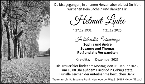 Traueranzeige von Helmut Linke von Neue Presse Coburg