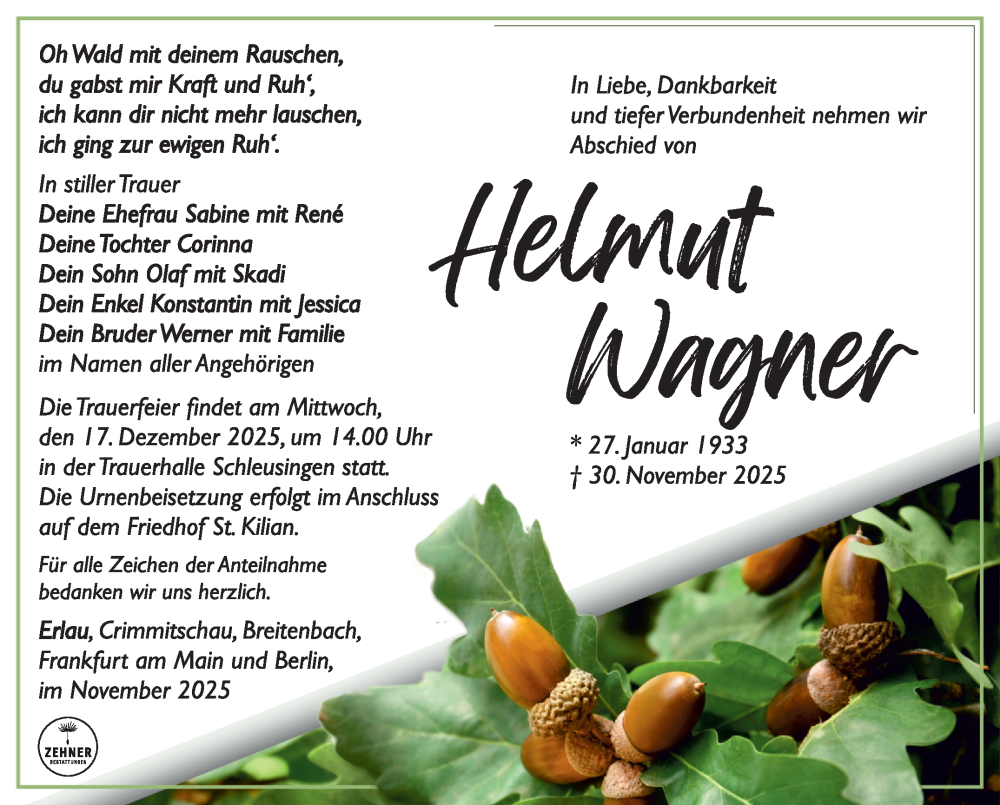  Traueranzeige für Helmut Wagner vom 13.12.2025 aus Südthüringer Presse