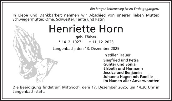 Traueranzeige von Henriette Horn von Frankenpost