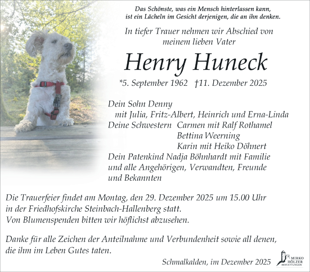  Traueranzeige für Henry Huneck vom 20.12.2025 aus Südthüringer Presse