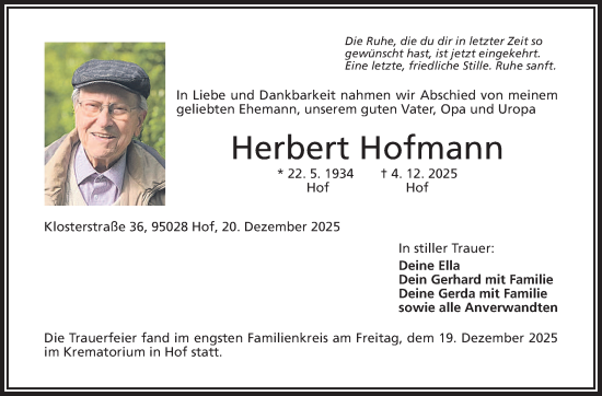 Traueranzeige von Herbert Hofmann von Frankenpost