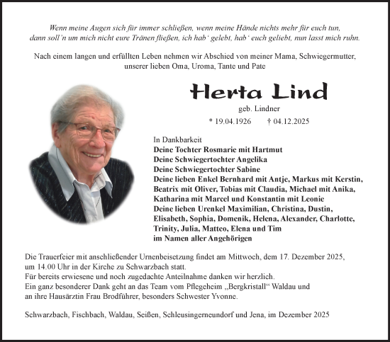 Traueranzeige von Herta Lind von Südthüringer Presse