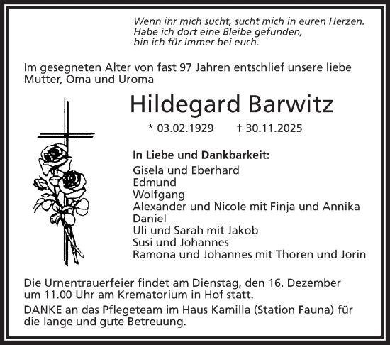 Traueranzeige von Hildegard Barwitz von Frankenpost