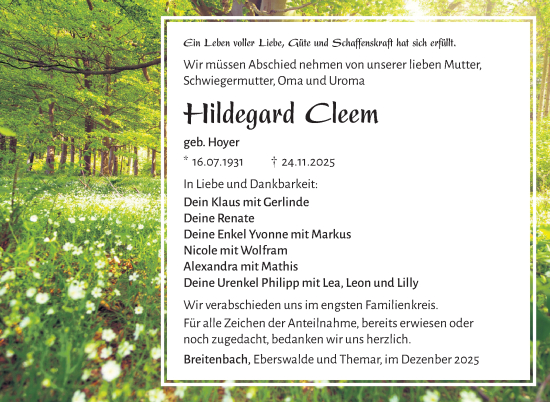 Traueranzeige von Hildegard Cleem von Südthüringer Presse