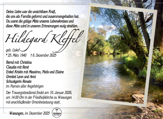 Traueranzeige von Hildegard Kleffel von Südthüringer Presse