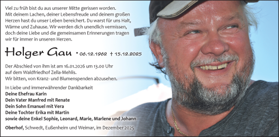 Traueranzeige von Holger Gau von Südthüringer Presse