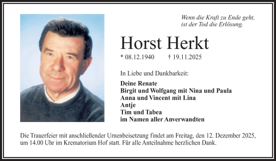 Traueranzeige von Horst Herkt von Frankenpost