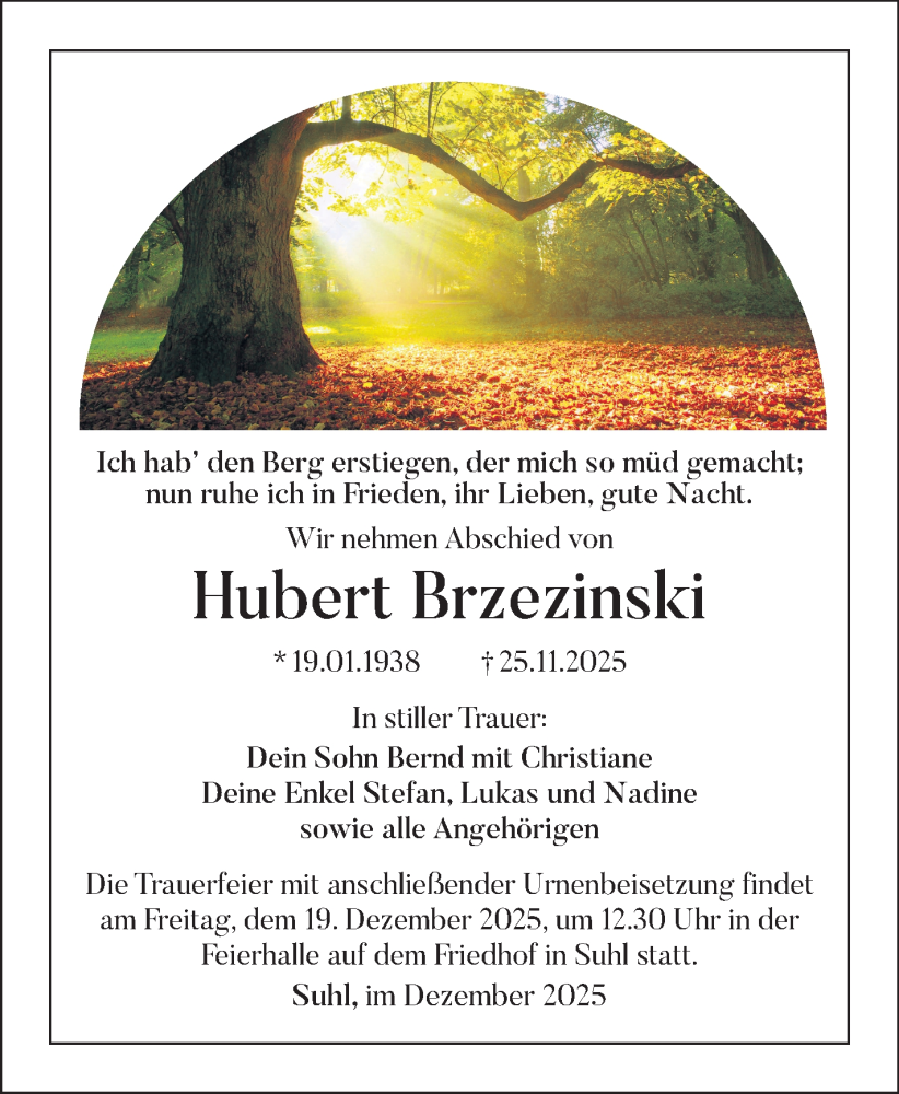  Traueranzeige für Hubert Brzezinski vom 06.12.2025 aus Südthüringer Presse